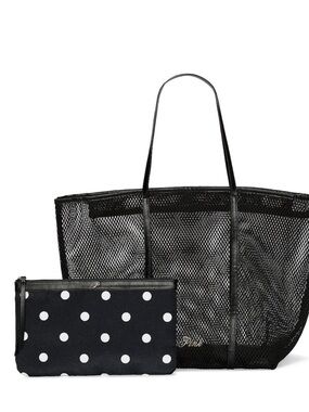 Victoria's Secret Black Mesh Tote with Polka Dot Pouch